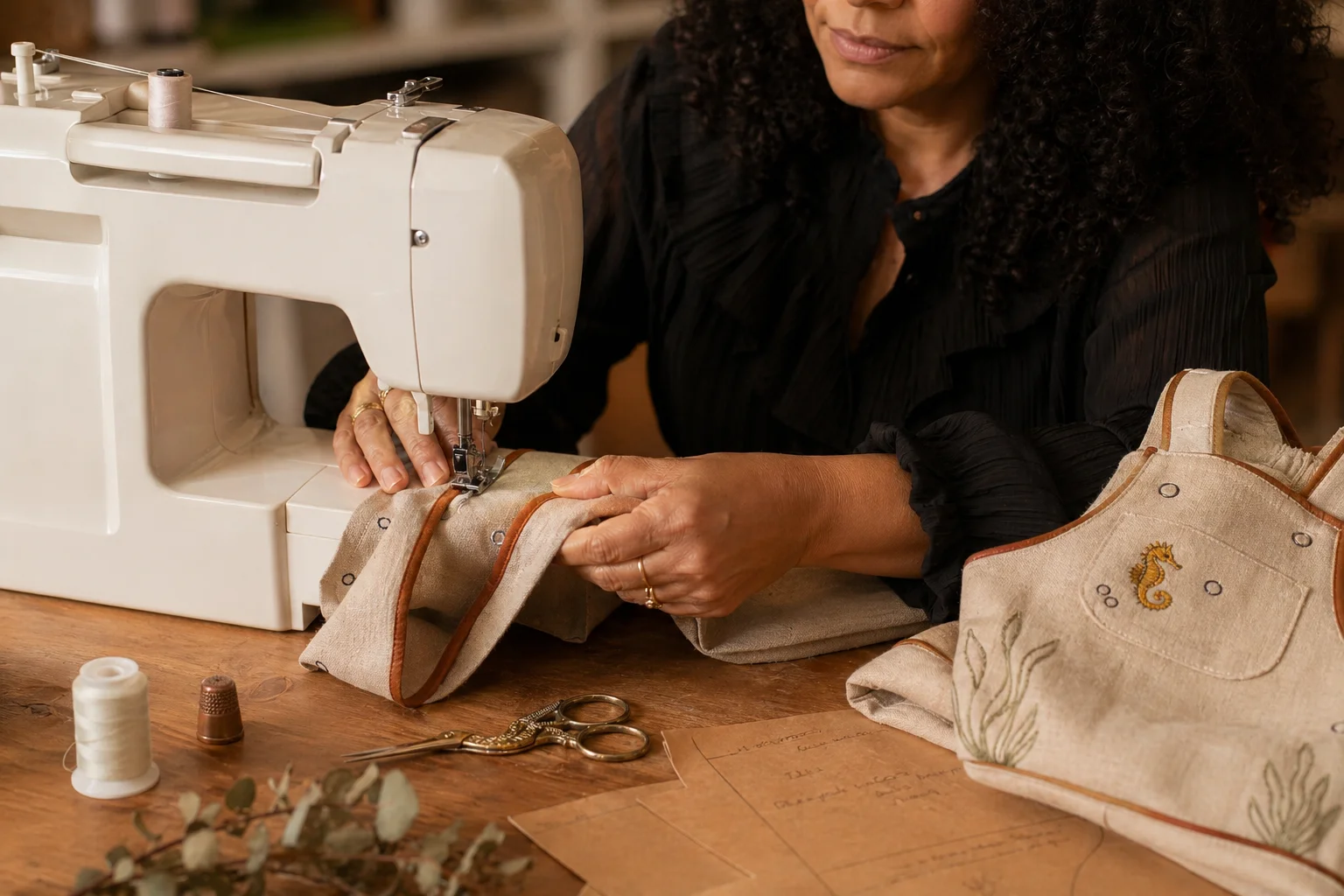 Gislene Maria costurando no ateliê — 25 anos de bancada