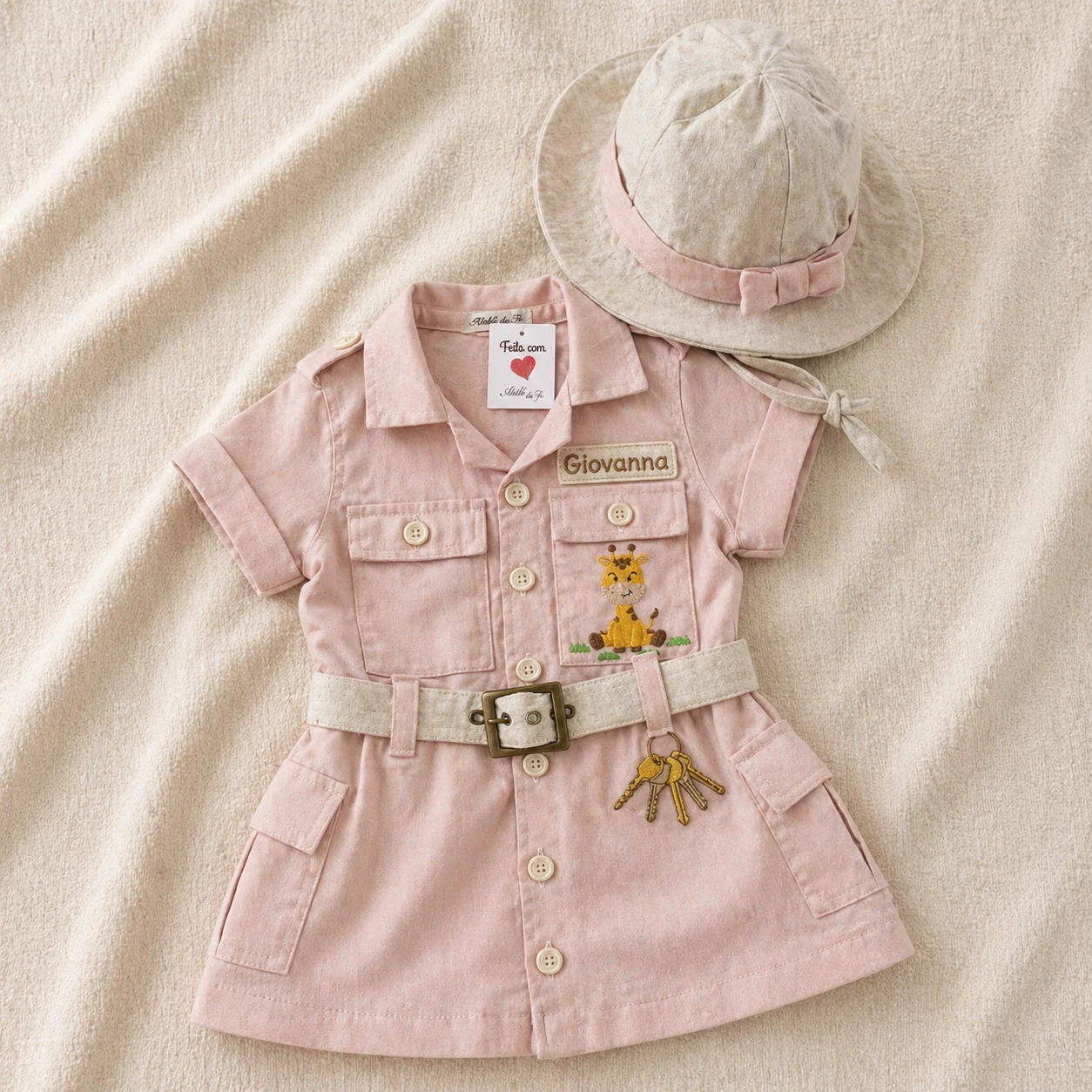Vestido Safari rosa-poeira com chapéu bege, cinto e bordado de girafa, nome personalizado